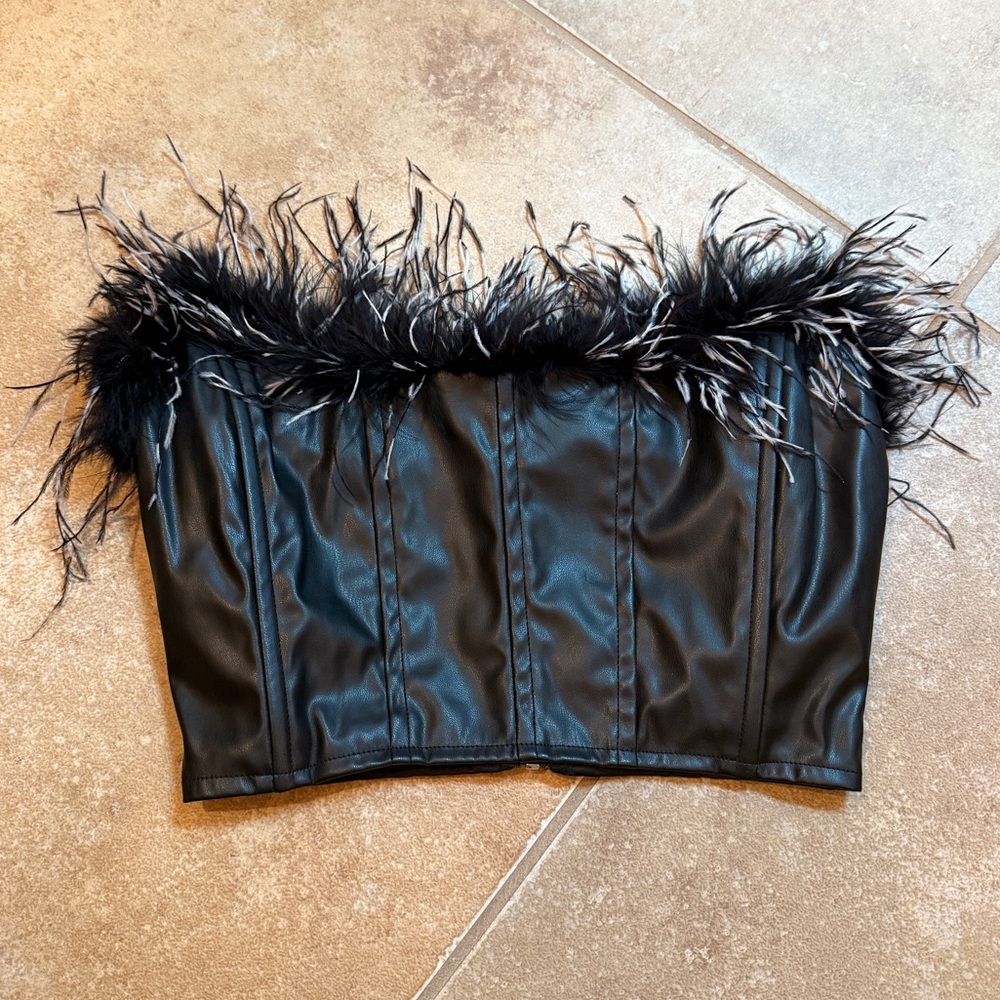 Feather Trim Faux Leather Crop Top in Black
